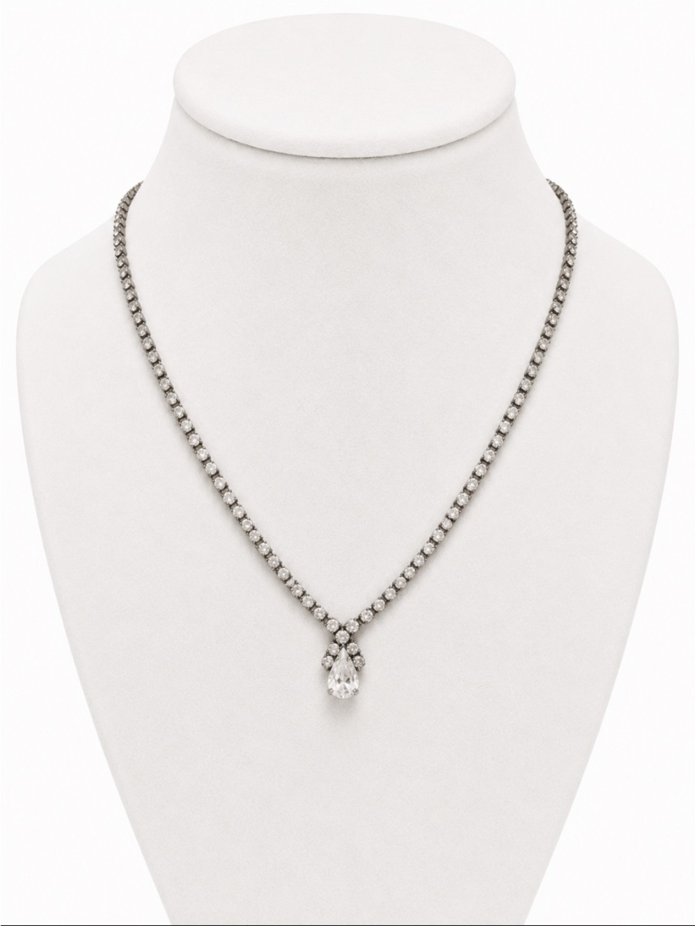 Crystal Teardrop Tennis Necklace – Silver Tone Rhinestone Statement Necklace
